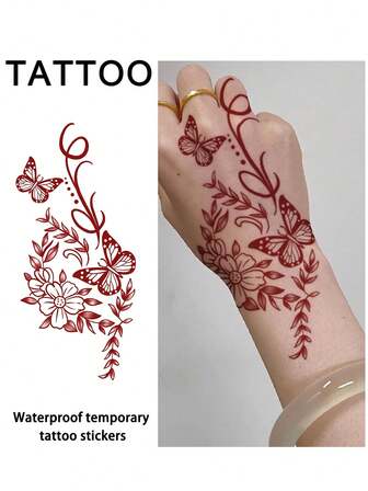 1Pc Henna Fake Tattoo Temporary Tattoos Floral Butterfly Ramadan Eid Adha Waterproof Sweatproof Red For Woman And Men Tattoo Stickers For Foot, Arm, Chest, Leg, Abdomen, Waist, Finger, Neck, Spine, Modernist Body Art