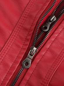Women's Detachable Hood Faux Leather Jacket - Red - View 7