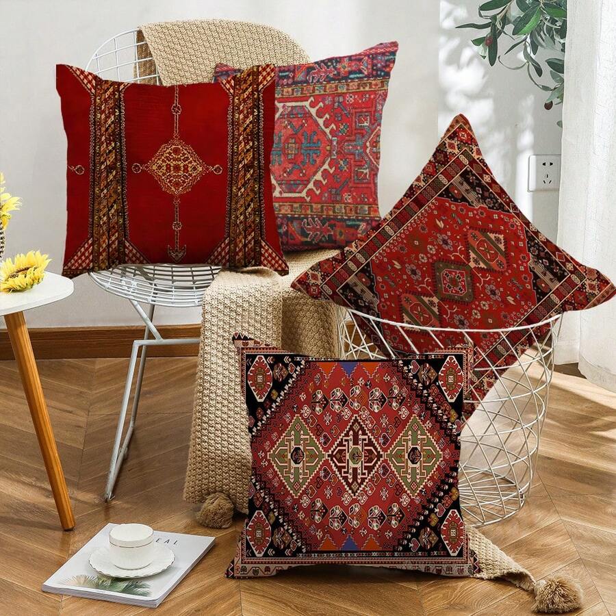 [4pcs Vintage Throw Pillow Cases] 4pcs Soft Retro Pillow Covers, 18"X18", Bohemian Style Single-Sided Print, Red And Gold Pattern, Zippered Polyester Cushion Cover, Suitable For Sofa, Living Room, Outdoor, Car Decor (Pillow Insert Not Included)