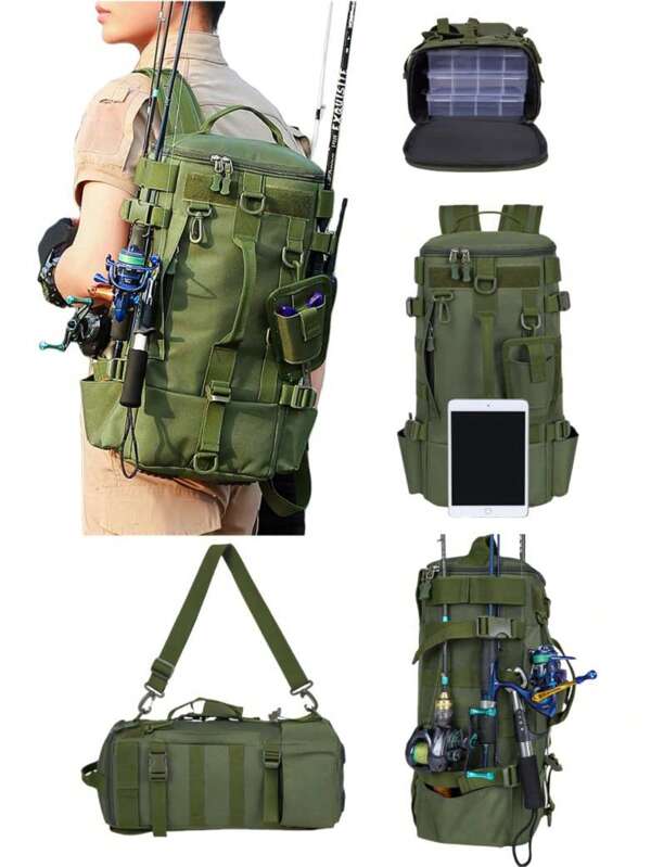 1 Stück Angeln Rucksack für Herren, Anglertasche mit Angelrutenbefestigung, Outdoor Wandern Fitnesstasche, kann an einer Schulter, beiden Schultern oder über den Körper getragen werden, sehr geeignet für tägliches Reisen, Camping, Angeln, Erkunden, Bergsteigen, Geschenk für Männer