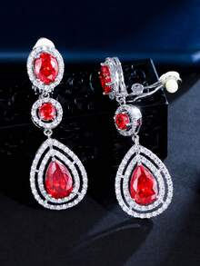 1 Pair Clip-On No Piercing Long Drop CZ Crystal Earrings, Silver Plated Red & Blue Cubic Zirconia Wedding Jewelry For Women, Brides, Bridesmaids, Engagement, Banquet, Pageant, Prom, Gift - 1 Pair Clip On Earrings - View 5