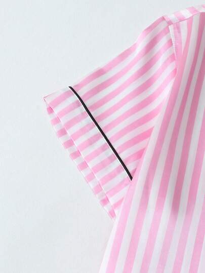 Satijnen Women Pajama Set, Short Sleeve Top, Shorts Pants, Loose Sleepwear Com Tafel Home Outdoor, Roze view 5