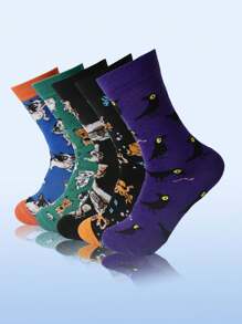 5 Pairs Women Cartoon Dog Print Socks, Cute Animal Pattern Comfortable Daily Casual Fashion Mid-Calf Socks, Autumn/Winter