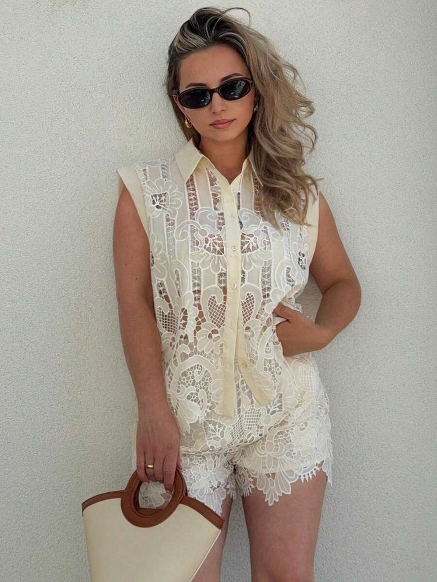 Jeta Ari Summer Oldmoney Vacation Elegant Low-End Luxury Exquisite Heavy Embroidered Lace Set - Apricot - View 1