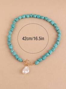 1pc Asymmetrical Turquoise & Faux Pearl Pendant Necklace For Women, Handmade Beaded Necklace With Varying Turquoise Patterns, Suitable For Everyday Wear