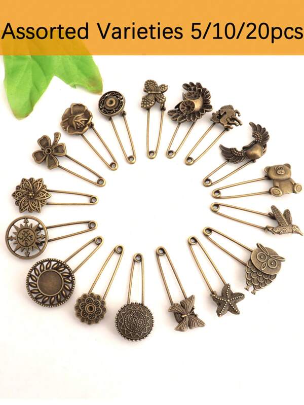 5/10/20pcs Assorted Vintage Style Alloy Brooch, For DIY Jewelry Making