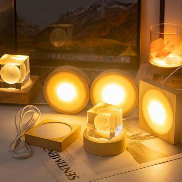 1 قطعة/10سم/8سم/6سم ، مصباح ليلي مربع، دائري، إضاءة دافئة، إضاءة بيضاء، إضاءة ملونة، حجر معطر بلوري، قاعدة خشبية، USB، مضيء في الظلام، حامل إضاءة زخرفي DIY يدوي، قاعدة إضاءة خشبية لديكور المكتب والغرفة والمنزل، هدايا عيد الميلاد والشكر والهالوين