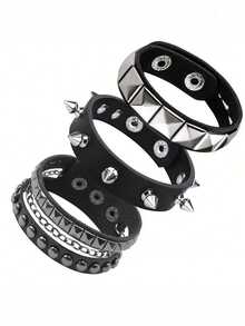 3pcs/Set Halloween Gothic Rock Punk Style Black PU Leather Bracelet Set, Suitable For Women Men Unisex Everyday, Festival, Party, Performance, Gift - Black - View 6