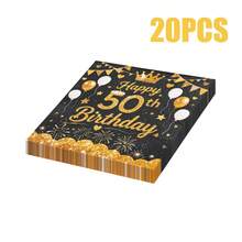 100/60/20 件 13 * 13 英寸一次性生日主题派对餐巾，黑色背景，金色 50 岁生日快乐文字，生日皇冠和气球图案，用于生日派对、家庭聚会、酒店和餐厅装饰餐巾