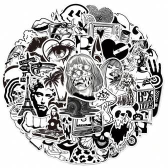 50 件全新黑白艺术涂鸦贴纸，适用于摩托车头盔、滑板、手机壳、行李箱