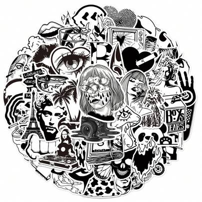 50 件全新黑白艺术涂鸦贴纸，适用于摩托车头盔、滑板、手机壳、行李箱