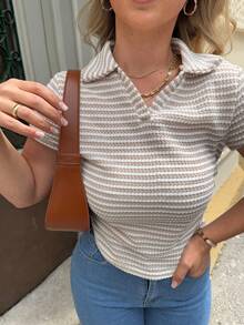 Jeta Ari Women V-Neck Short Sleeve T-Shirt With Design, Shoulder Line, Waistline, Casual Short Polo Shirt For Summer, Slimming - Apricot - View 2