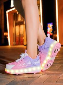 女士LED闪光休闲运动鞋，适合所有季节，时尚旋转扣舒适旱冰鞋优雅渐变平底户外滑板鞋跑步运动鞋