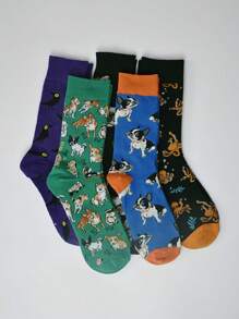 5 Pairs Women Cartoon Dog Print Socks, Cute Animal Pattern Comfortable Daily Casual Fashion Mid-Calf Socks, Autumn/Winter
