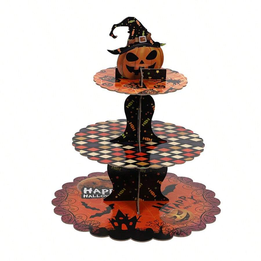 Halloween Pumpkin 3-Layer Cupcake Stand - A Dessert Tower Like An Evil Spirit, Featuring A Witch Hat And A Bat, With A Food-Safe Paper Tabletop Decoration, Perfect For Halloween Parties, Christmas, Easter, Thanksgiving, And Halloween Decorations - Multicolor - View 1