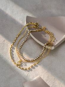 Nooxian 3pcs/Set Elegant Luxury Style Gold Rice Pearl & Rhinestone Chain Heart Pendant Layering Bracelets For Women