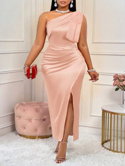 BIUBIU 大码女士性感红色蝴蝶结露肩褶皱高开衩缎面纯色连衣裙，适合派对、婚礼、周年纪念日等场合，粉色系夏季优雅连衣裙