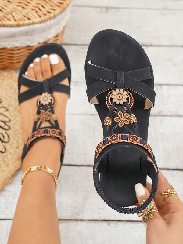 Beaded Round Toe Flat Sandals, Minimalist Retro Casual Beach Slippers (Plus Size, Wide Fit)