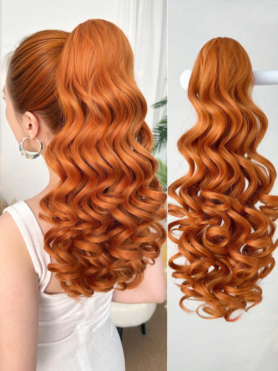 22 Inch Long Deep Wave Thermoplastic Synthetic Ponytail Hair Clip, Daily Use Heat Resistant Hair Braid For Women