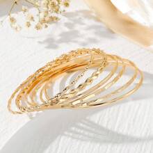13-12-11-7-6-5pcs Set Fashionable Textured Heart-Shaped Metal Bangle Bracelets For Women, Bohemian Style Adjustable Stacking Bangles Suitable For Daily Life And Party Wear, Ideal Gift For Friends And Family Holiday