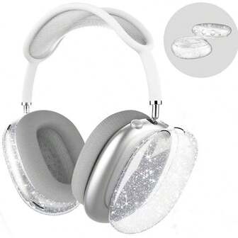 1 Pair Glitter White Transparent Minimalist Headphone Protective Case, Soft Shell, Compatible With Apple Max, High Transparency, Full Coverage
