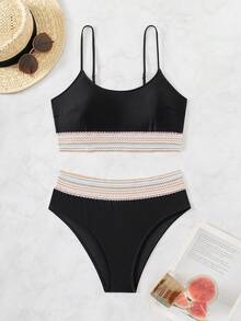 jeederkim Beach Vacation Spa Spaghetti Strap Split Swimsuit, New Sexy Triangle Bikini Swimwear - Black - View 6