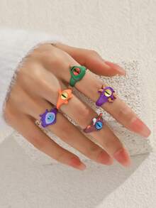 5pcs/Set Cute Monster Ring Set, Dopamine Ring Combo Gift For Couples And Best Friends - Multicolor - View 7