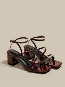 Sandalias de plataforma y tacón ancho con punta abierta y cordones, color borgoña, para mujer, zapatos de verano
