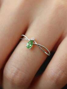 1pc S925 Sterling Silver Green Zirconia Teardrop Ring, Elegant & Fashionable Design For Women, Suitable For Various Occasions, Birthday/Jewelry Gift - Silver - View 5