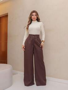 YING ZI Stone Mode Formal Tailored Wide Leg Trousers - Dark Brown - View 4