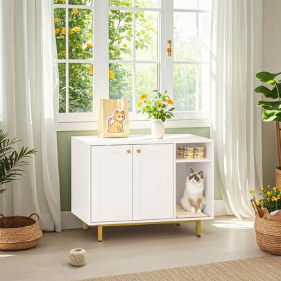 Cat Litter Box Enclosure, Hidden Litter Box Furniture, Wooden Pet House Side End Table, Storage Cabinet Bench For Living Room, Bedroom, 31.5 X 19.7 X 23.9 Inches, White And Gold