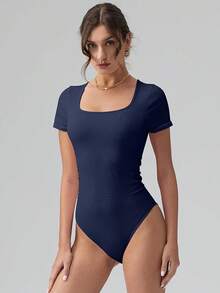 OQQ Women Bodysuits Ruched Short Sleeve Square Neck Stretch Lounge Travel Bodysuits - Nave Blue - View 5
