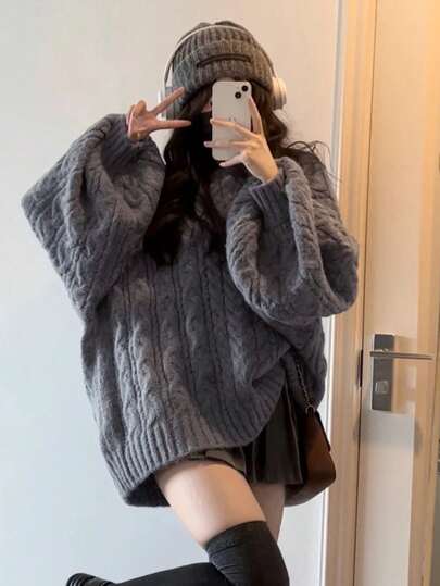 Vintage V-Neck Loose Fit Gray Cable Knit Sweater, Casual & Versatile For Female Students, Autumn/Winter