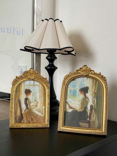 1pc Random Retro Golden Arch Lace Decor Picture Frame, Suitable For Home Room Decoration And Special Occasions