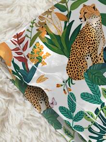 Set de 2 piese pentru femei cu imprimeu leopard și pijamale romantice casual - tricou cu mânecă scurtă și pantaloni scurți cu talie elastică