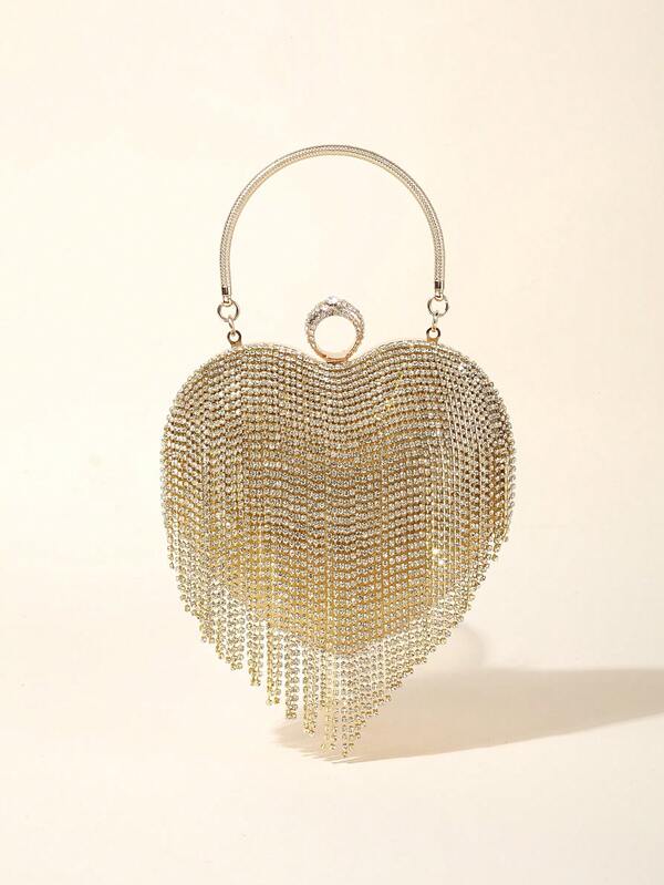 1 pezzo Borsa a spalla rotonda in metallo argento, decorata con strass, elegante e di lusso, compatta e portatile, con forma a cuore, con abbellimenti scintillanti in strass, adatta per feste serali, matrimoni, regali