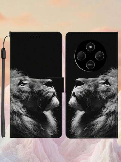 PU Leather Wallet Phone Case With Stand, Lion Pattern, Daily & Holiday Gift, Compatible With Honor, Redmi, With Lanyard