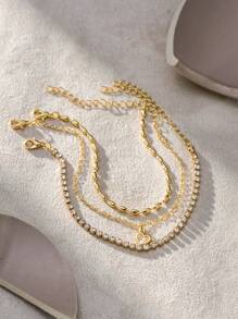 Nooxian 3pcs/Set Elegant Luxury Style Gold Rice Pearl & Rhinestone Chain Heart Pendant Layering Bracelets For Women