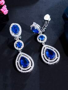 1 Pair Clip-On No Piercing Long Drop CZ Crystal Earrings, Silver Plated Red & Blue Cubic Zirconia Wedding Jewelry For Women, Brides, Bridesmaids, Engagement, Banquet, Pageant, Prom, Gift - 1 Pair Clip On Earrings - View 9
