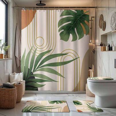 1/4 Pcs Medieval Tropical Bohemian Style Bathroom Set Including Shower Curtain, Bath Mat, U-Shaped Toilet Mat, Toilet Lid Cover, Waterproof Shower Curtain Bathroom Decor, Modern Style Curtain For Bathroom Divider, No Need To Drill, Polyester, Machine Washable Back To School