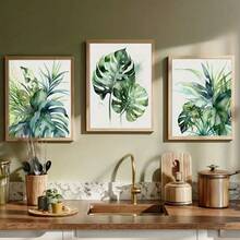 3 件复古水彩热带叶画，客厅植物海报，龟背竹热带植物墙面艺术画，金色龟背竹艺术装饰，无框帆布海报，理想礼物，现代墙面艺术印刷品，适用于客厅、书房、卧室、走廊
