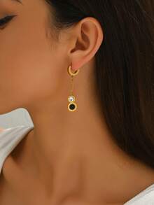 Roman Numeral Detail Rhinestone Drop Earrings - Yellow Gold - View 2