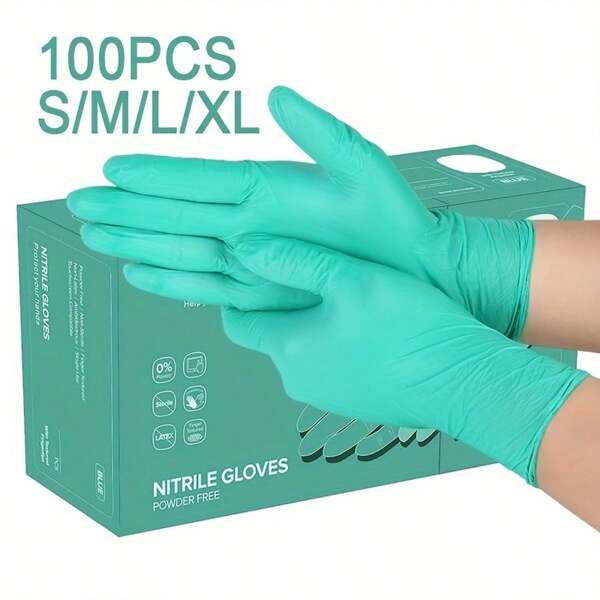 100 piezas Guantes desechables de nitrilo verde, de gran flexibilidad y grosor, sin látex y sin polvo, guantes domésticos impermeables, adecuados para cocina, baño, limpieza, manicura, pedicura, salón de uñas, tatuajes, mantenimiento y reparación de automóviles, y productos de limpieza esenciales para el hogar