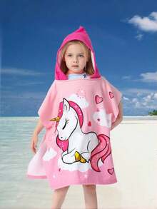 1 件儿童连帽斗篷毛巾，卡通沙滩浴巾，适合幼儿男孩女孩 - 粉紅色-獨角獸 - 查看 2