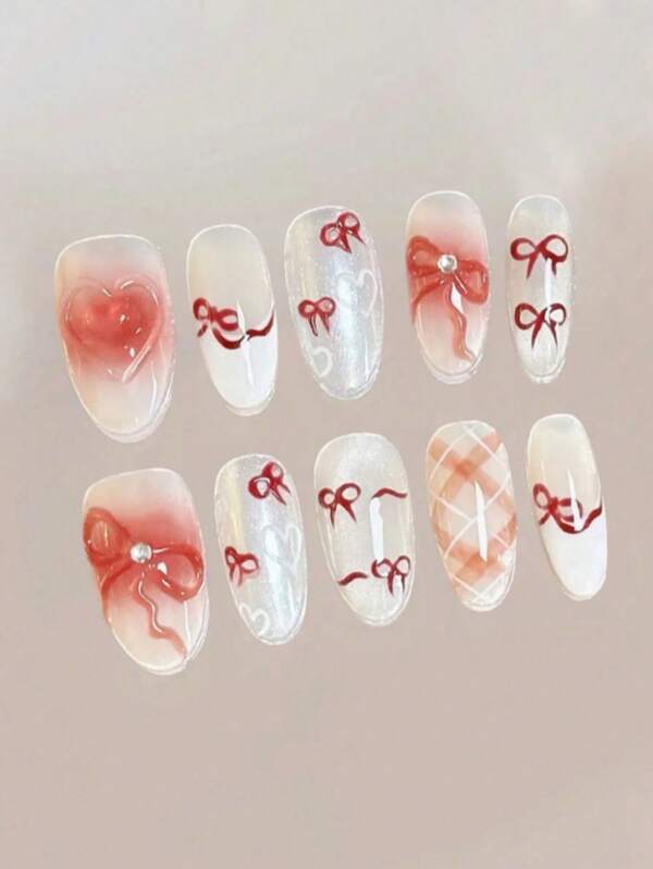 10pcs French Bow Nail Art Oval Handcraft Artificial Nail Tips, Ballet Style Cute Sweetheart Nail Decals, Nail Designs Suitable For Ladies, Girls Daily Party Holiday Wear