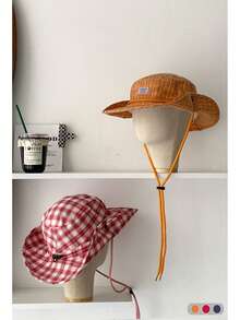 1 件女士多巴胺对比条纹宽边渔夫帽，户外徒步露营钓鱼防晒帽，轻质亚麻夏季渔夫帽 - 斜條紋撞色掛繩 - 查看 3