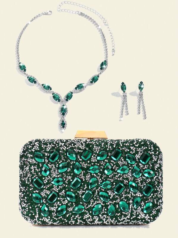 Elegant Rhinestones Necklace Earrings Bracelet Jewelry Set For Wedding Bridal Silver Rhinestones Full Design Pocket Vintage Style Hanbags Fashion Evening Bags Printed Letter Design Diamonds Flap Glitter Clutch Bags With Shoulder Chain For Prom Dinner Party