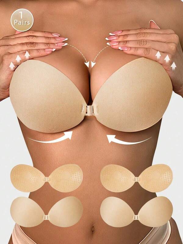 1 par de sutiã invisível reutilizável sem alças, fecho frontal, adesivos invisíveis para mamilos, sutiã sem alças sem costas, sem costura, adesivo de silicone para cobrir mamilos, vestido de noiva, lingerie