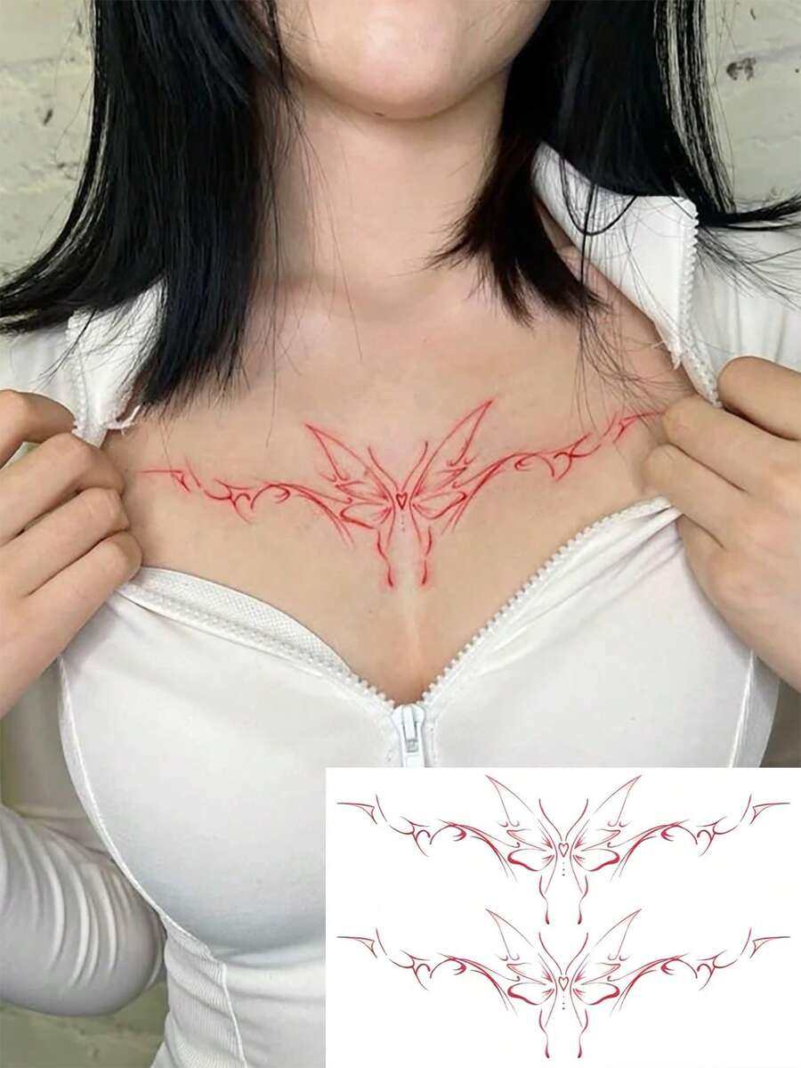 1 件 Y2K 风格可水洗临时纹身，红色蝴蝶线胸背身体防水防汗纹身贴纸，适合人们日常使用
