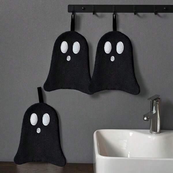1 pieza/paquete múltiple Toalla de mano con diseño de mano negra de fantasma, decoración colgante de baño linda para Halloween, toalla de punta de dedo de felpa de coral suave y absorbente, para el hogar, la cocina, la toalla de té, regalo de Halloween, decoración de baño de otoño/invierno
